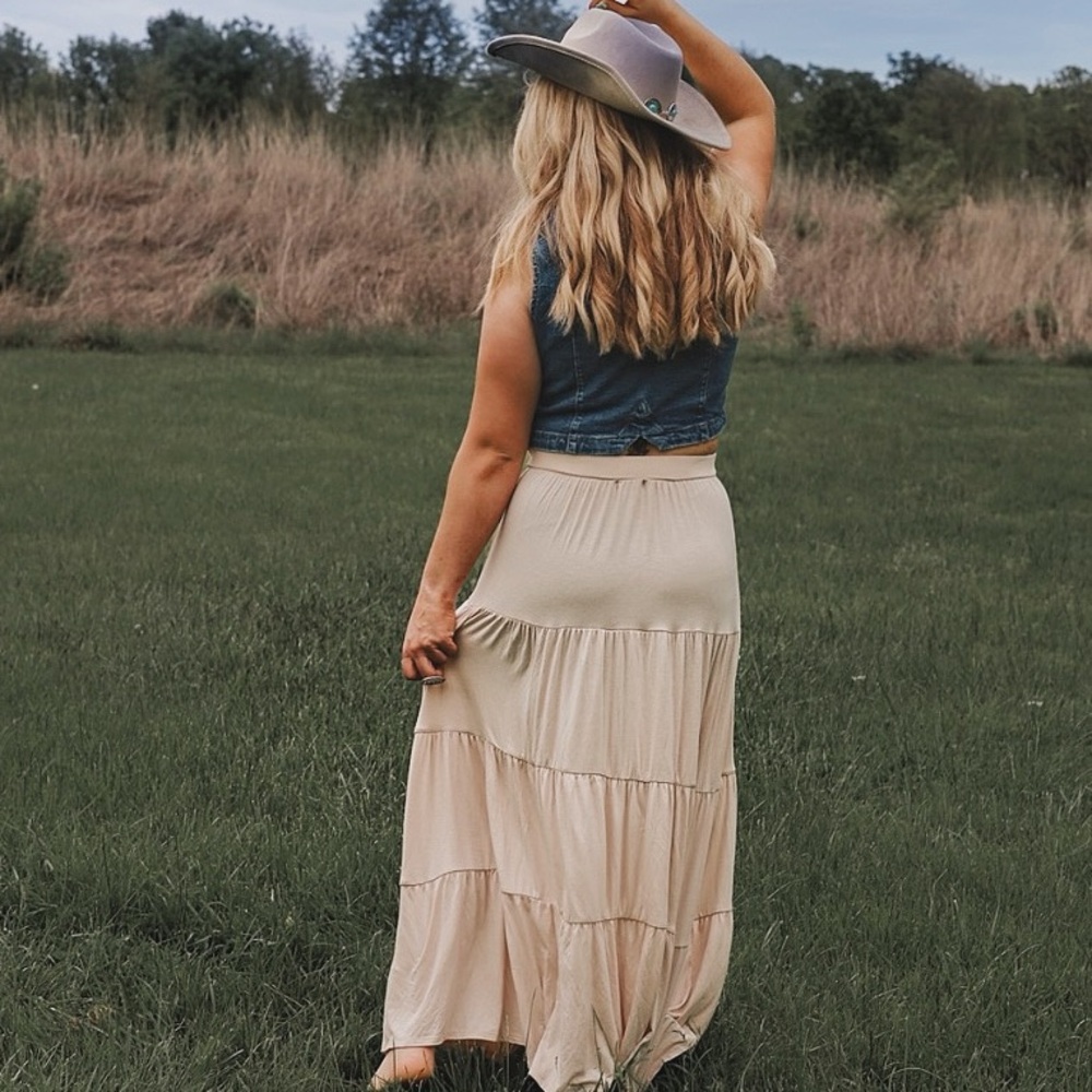 New Beige Tiered Pleated Maxi Skirt